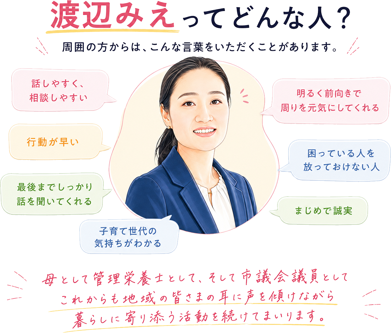 渡辺みえってどんな人?
周囲の方からは、こんな言葉をいただくことがあります。
「話しやすく、相談しやすい」
「行動が早い」
「最後までしっかり話を聞いてくれる」
「子育て世代の気持ちがわかる」
「明るく前向きで周りを元気にしてくれる」
「困っている人を放っておけない人」
「まじめで誠実」
母として管理栄養士として、そして市議会議員として
これからも地域の皆さまの耳に声を傾けながら
暮らしに寄り添う活動を続けてまいります。